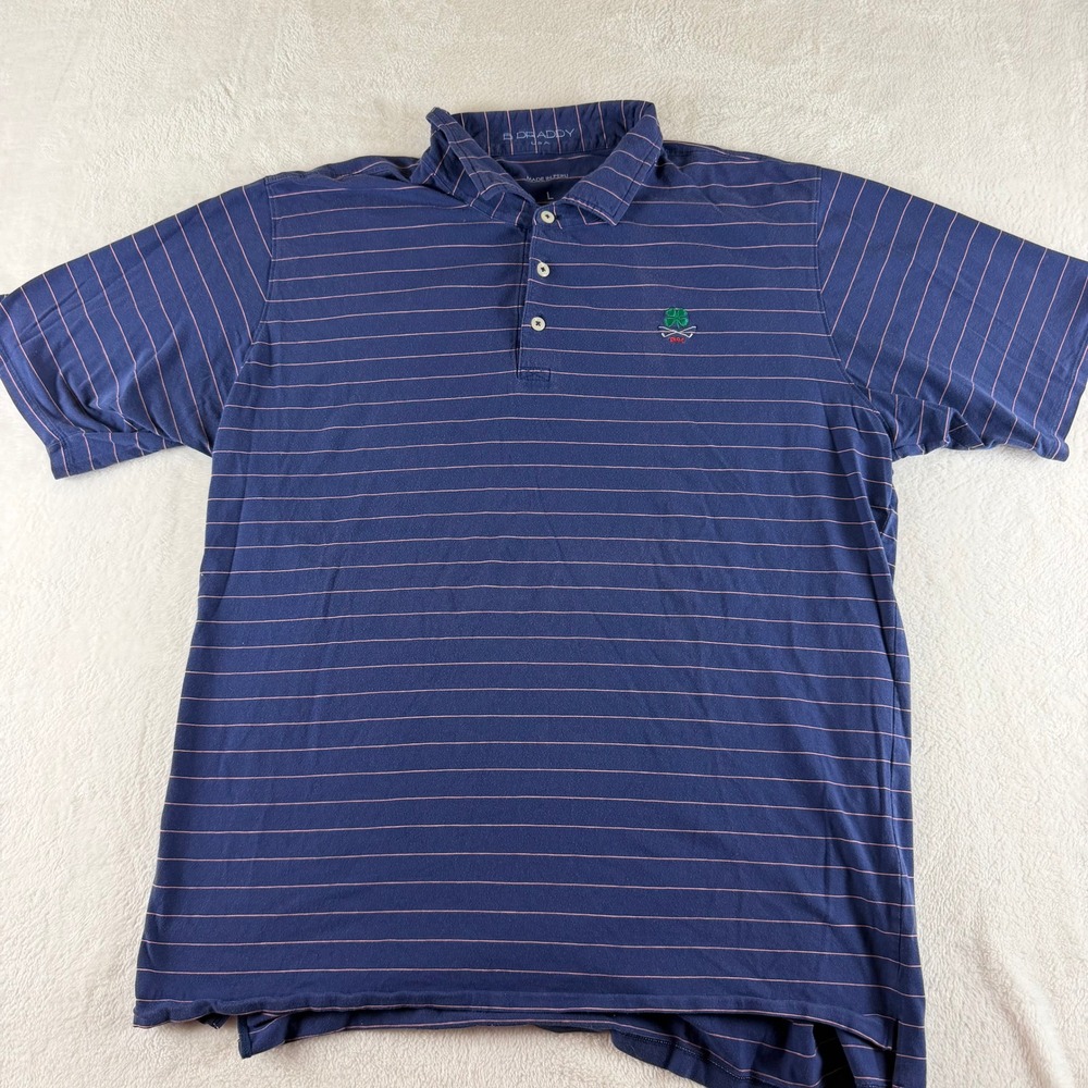B Draddy Polo Shirt Striped Navy Blue Men Large Golf Clover 1894 Short Sleeve